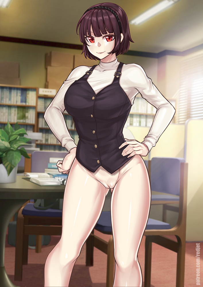 1girls, bottomless, brown hair, female, makoto niijima, persona, persona 5, pussy, red eyes, redjet, short hair, solo