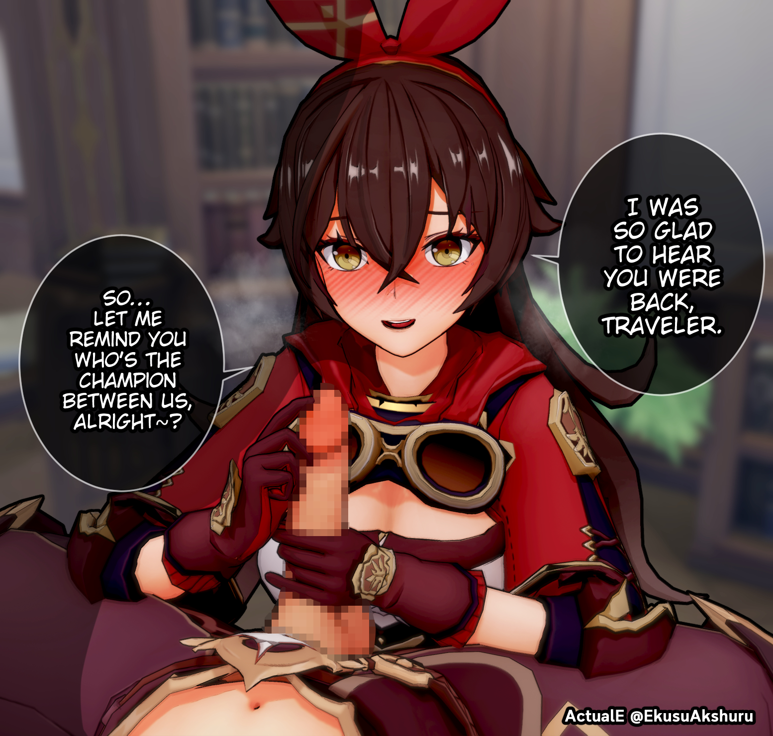 1boy, 1girls, 3d, actuale, aether (genshin impact), amber (genshin impact), big penis, blush, censored, dialogue, english text, female, genshin impact, gloved handjob, gloves, handjob, horny female, imminent oral, koikatsu, light skin, light-skinned female, light-skinned male, male, mihoyo, mosaic censoring, nose blush, penis, speech bubble, straight, text