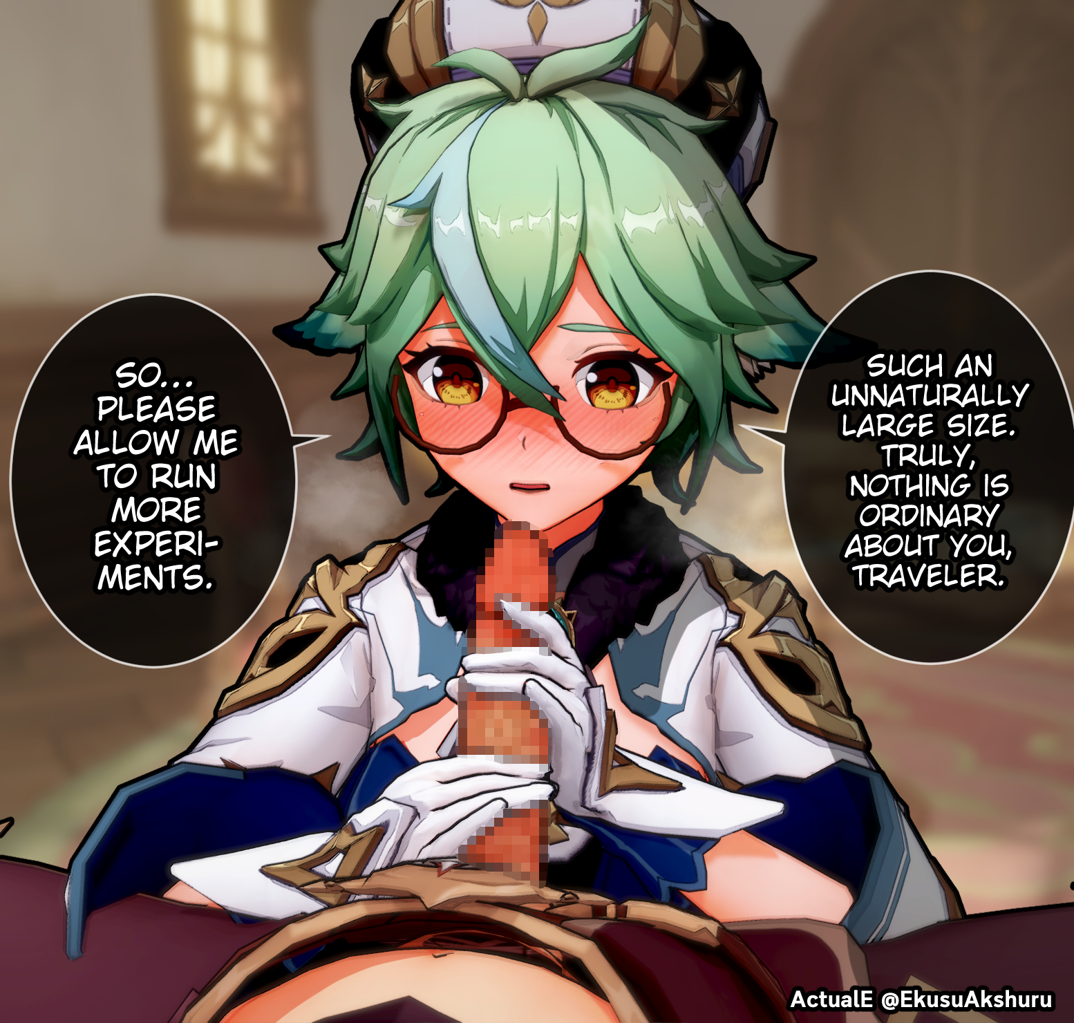1boy, 1girls, 3d, actuale, aether (genshin impact), big penis, blush, censored, dialogue, english text, female, genshin impact, glasses, gloved handjob, gloves, handjob, horny female, imminent oral, indoors, koikatsu, light skin, light-skinned female, light-skinned male, looking at penis, male, mihoyo, mosaic censoring, nose blush, penis, penis awe, speech bubble, straight, sucrose (genshin impact), text