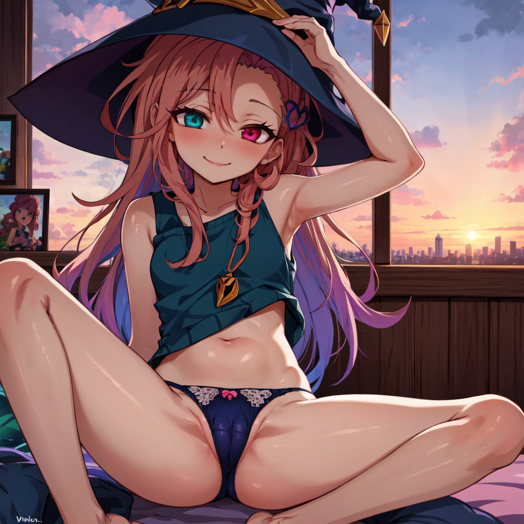 ai generated, armpits, breasts, cameltoe, female, hat, heterochromia, league of legends, orange hair, panties, pussy, small breasts, tank top, thighs, zoe (league of legends)