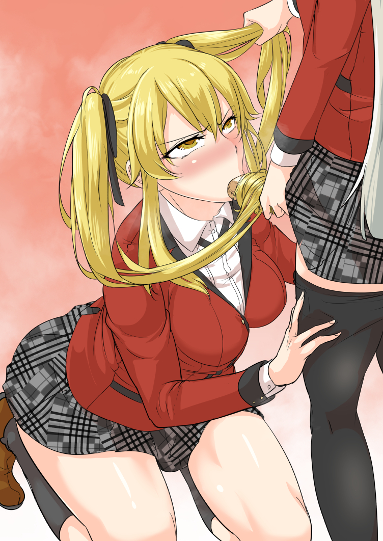 1futa 1girls angry blonde_hair blowjob checkered_skirt fringe futa_on_female futanari hairjob kakegurui kneeling light-skinned_female light-skinned_futanari mokuseirokku momobami_ririka oral petite saotome_meari school_uniform schoolgirl skirt twintails yellow_eyes