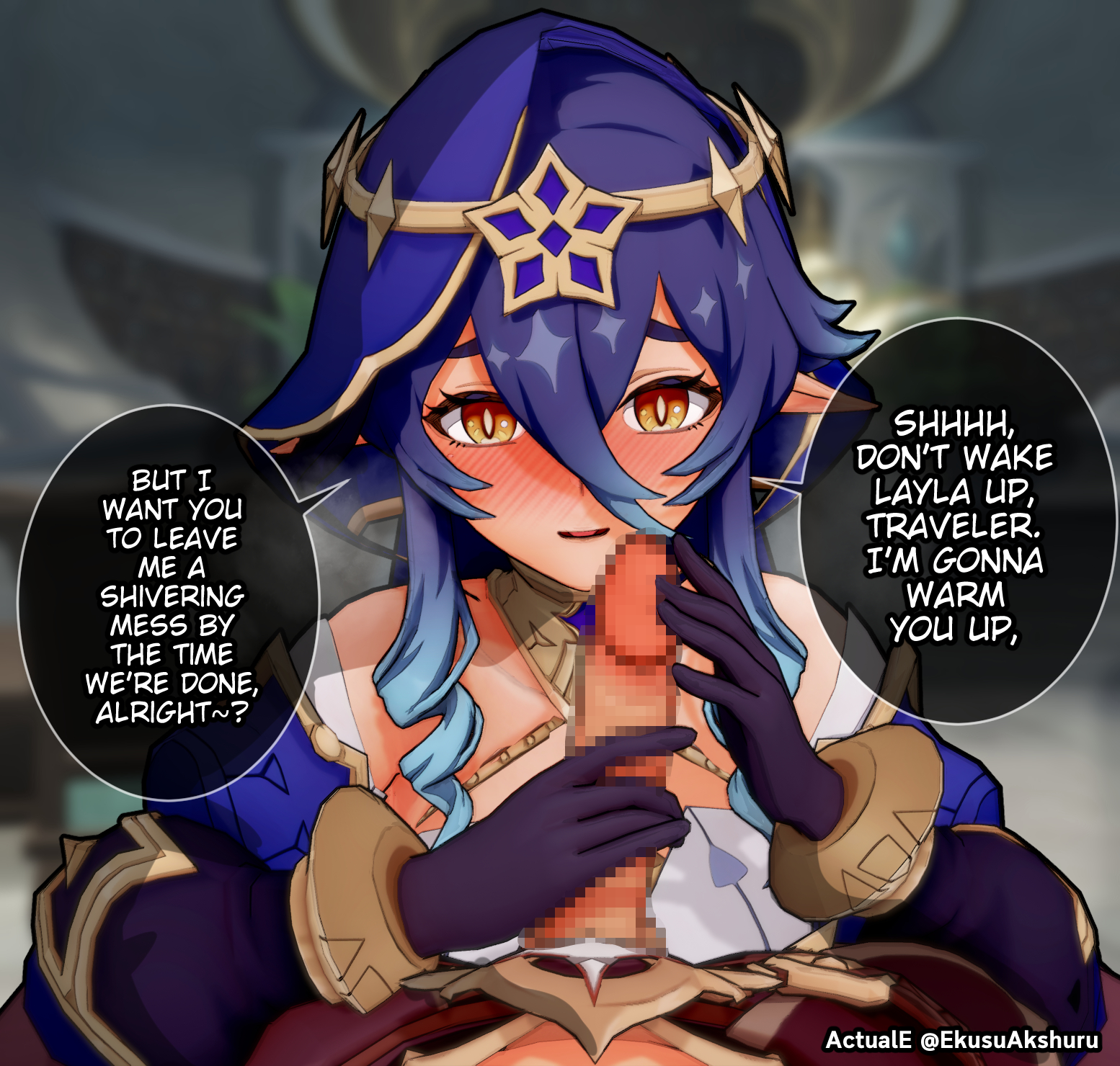 1boy, 1girls, 3d, actuale, aether (genshin impact), censored, dialogue, english text, female, genshin impact, horny female, imminent oral, koikatsu, layla (genshin impact), male, mihoyo, mosaic censoring, straight