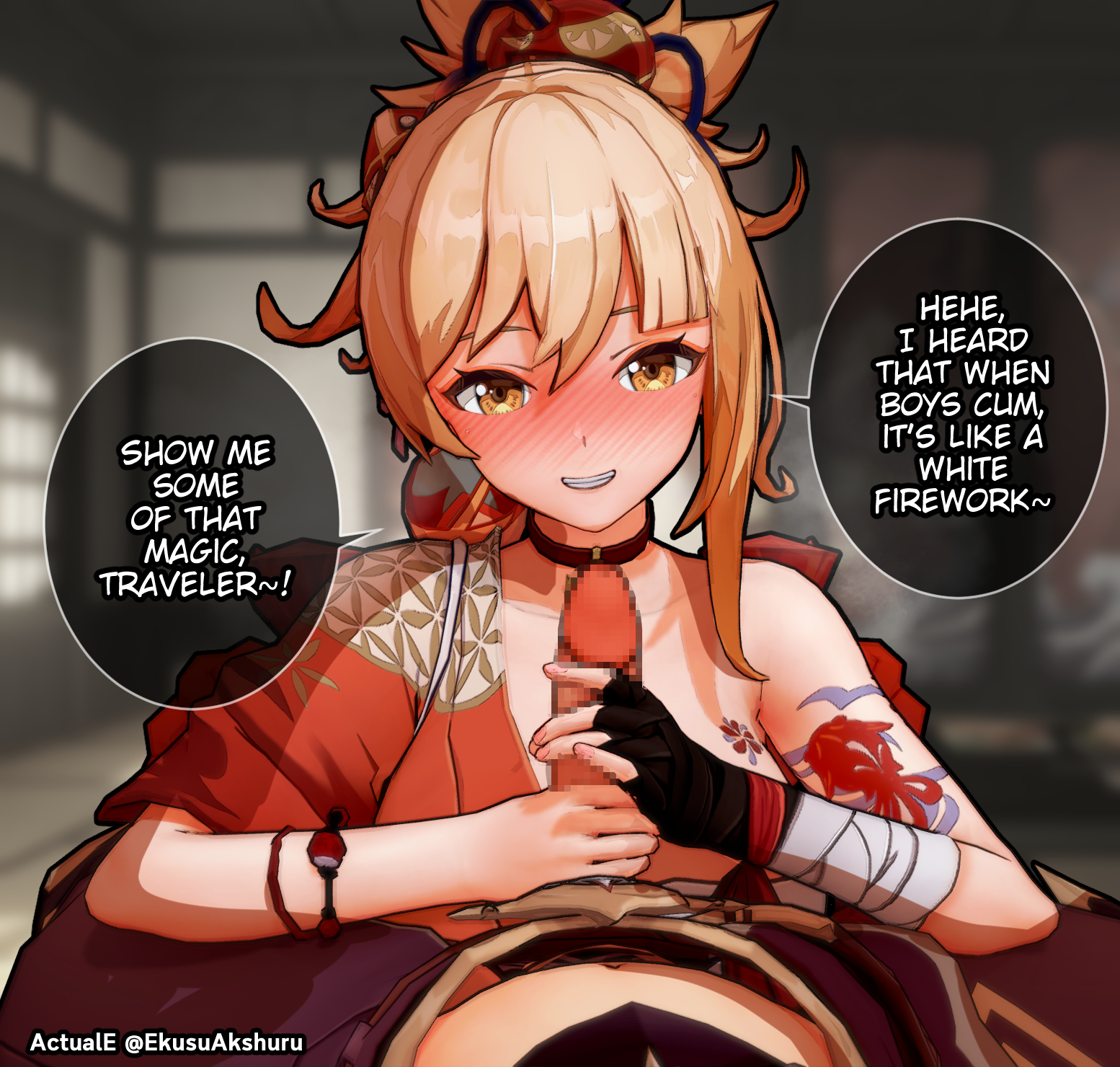 1boy, 1girls, 3d, actuale, aether (genshin impact), big penis, censored, dialogue, english text, female, genshin impact, handjob, imminent oral, koikatsu, male, mihoyo, mosaic censoring, penis, yoimiya (genshin impact)
