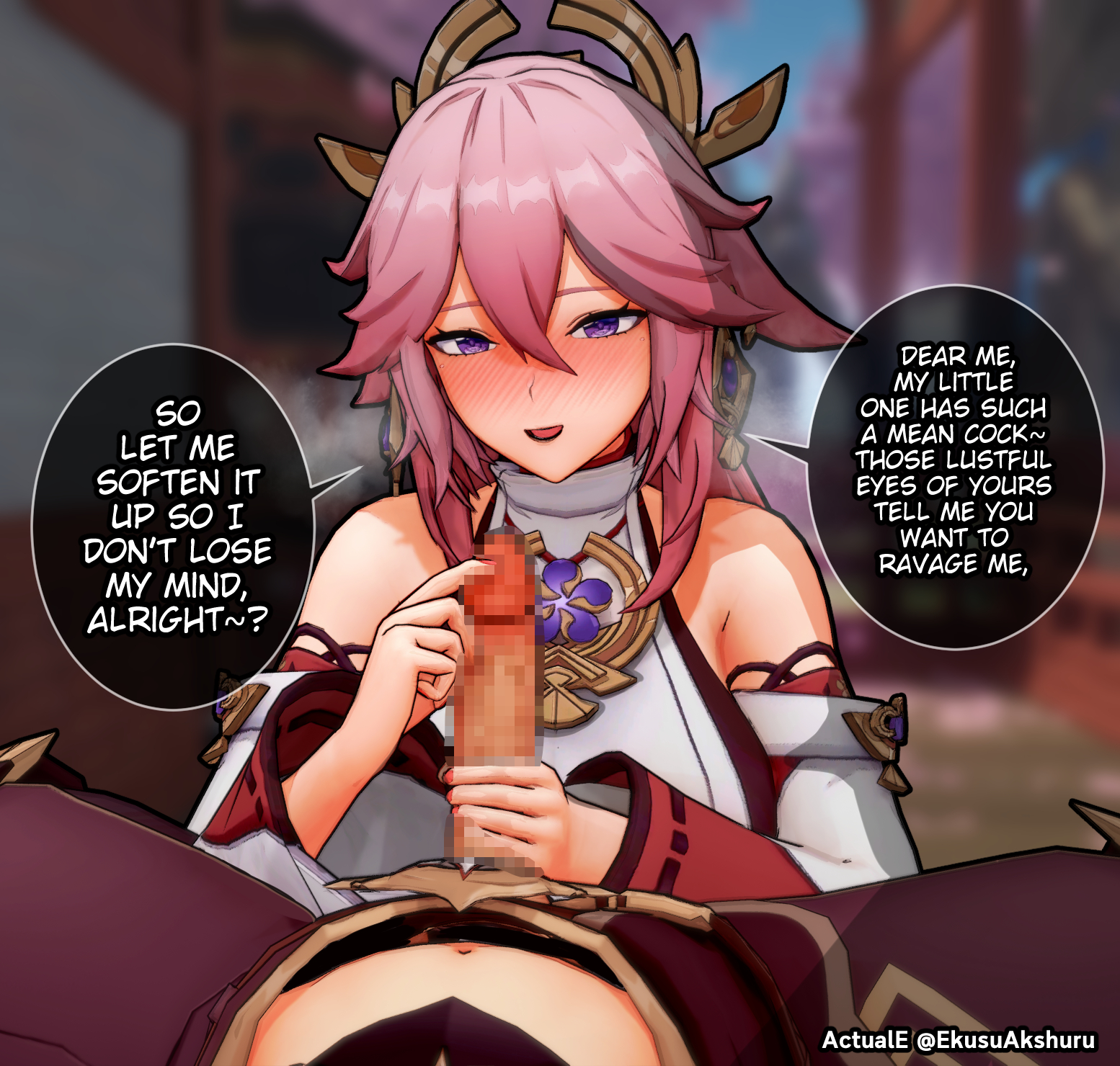 1boy, 1girls, 3d, actuale, aether (genshin impact), big penis, blush, censored, dialogue, english text, female, fox ears, fox girl, genshin impact, handjob, horny female, imminent oral, koikatsu, light skin, light-skinned female, light-skinned male, male, mihoyo, mosaic censoring, nose blush, outside, penis, pink hair, pov, speech bubble, straight, text, yae miko