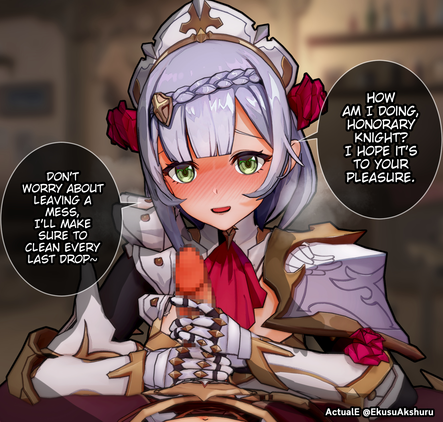 1boy, 1girls, 3d, actuale, aether (genshin impact), big penis, censored, dialogue, english text, female, genshin impact, handjob, horny female, imminent oral, koikatsu, male, mihoyo, mosaic censoring, noelle (genshin impact), penis, straight