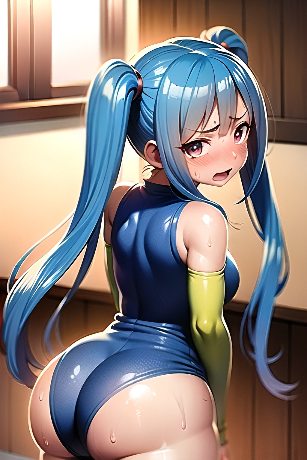 1girls ai_generated ass ass_focus bare_shoulders big_ass blue_hair blush dress embarrassed fairy_tail female female_focus female_only foopanthia long_hair looking_at_viewer looking_back one-piece_dress red_eyes standing sweat sweating sweaty_body sweaty_butt sweaty_thighs tight_clothing twintails wendy_marvell