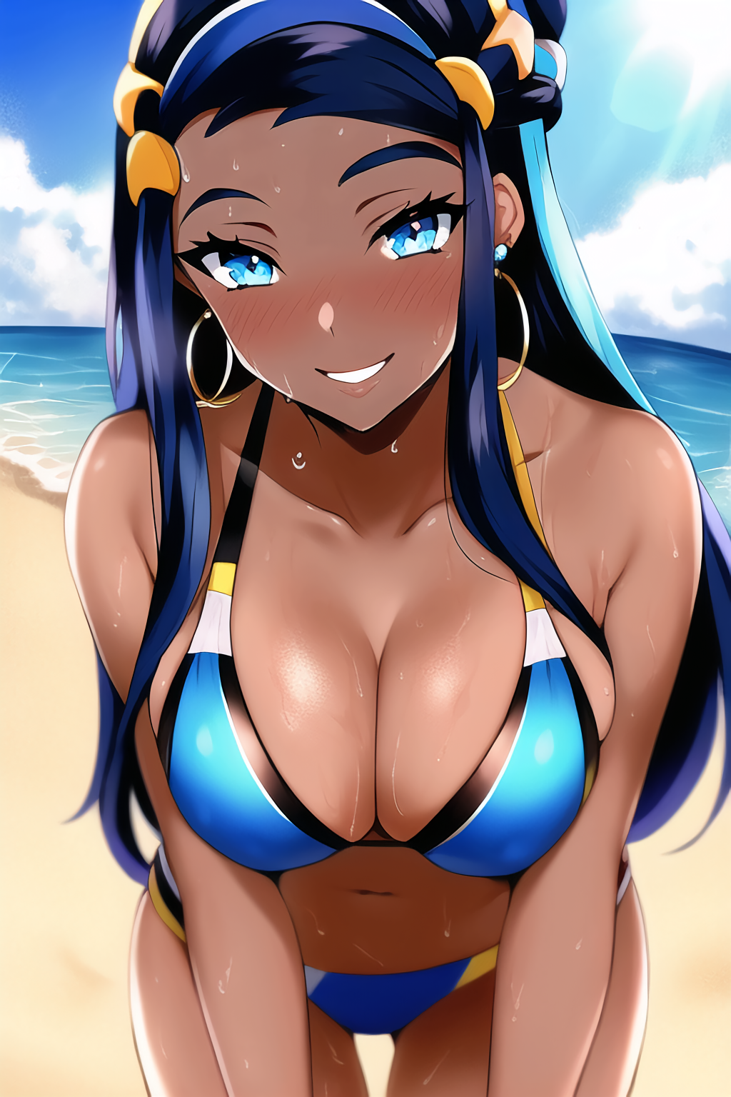 1girls ai_generated alluring beach big_breasts bikini blue_sky cleavage nessa_(pokemon) ocean pokemon pokemon_(anime) zengai