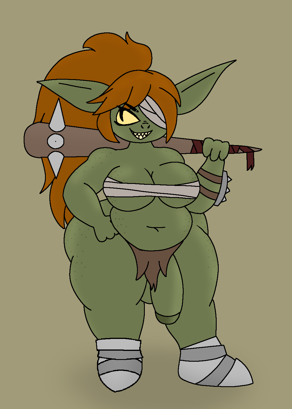 1futa armored_boots ass belly big_belly big_breasts big_butt big_penis bottomwear breasts chubby_gynomorph clothed clothing club_(weapon) cookie-pone eye_patch eyewear flaccid freckles freckles_on_breasts freckles_on_butt freckles_on_shoulders futa_only futanari genitals goblin goblin_futanari gynomorph hi_res huge_butt huge_thighs humanoid humanoid_penis intersex loincloth long_hair melee_weapon mostly_nude penis solo standing thick_thighs useless_clothing weapon wide_hips