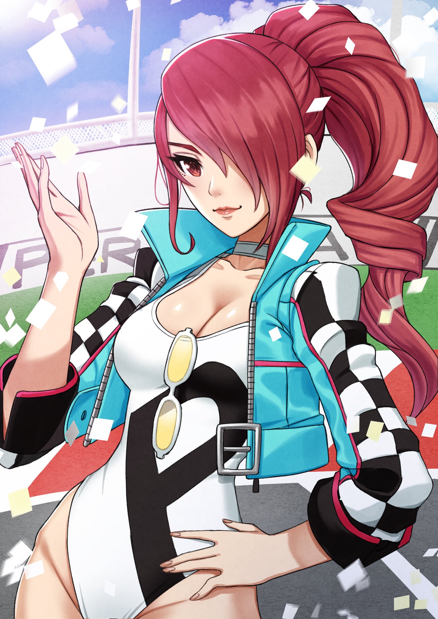 1girls, aigiseth, atlus, female, female only, leotard, megami tensei, mitsuru kirijo, persona, persona 3, ponytail, race queen, sega, solo, tagme