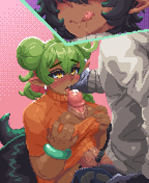 1boy 1girls big_breasts big_penis blush boob_window dark-skinned_female double_bun female finger_in_mouth fishhooking green_hair hair_bun hands_on_breasts hdoomguy licking_lips paizuri pixel_art pointy_ears yellow_eyes