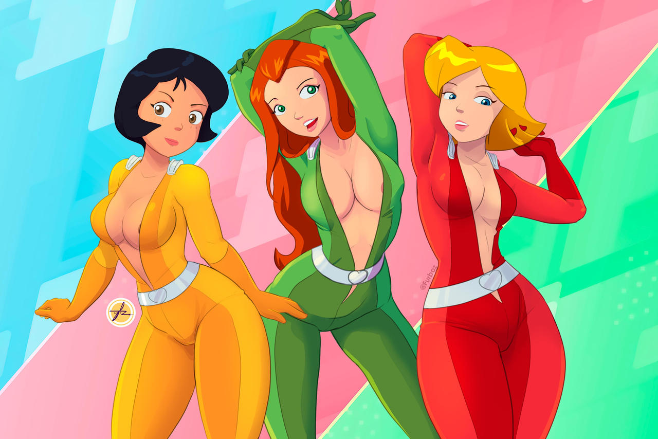 3girls alex_(totally_spies) armpits arms_behind_head big_breasts black_hair blonde_hair bob_cut bodysuit breasts cleavage clover_(totally_spies) colorful_background female female_only fingers_through_hair fully_clothed furboz gloves jpeg long_hair looking_at_viewer open_bodysuit posing red_hair sam_(totally_spies) short_hair tight_clothing totally_spies