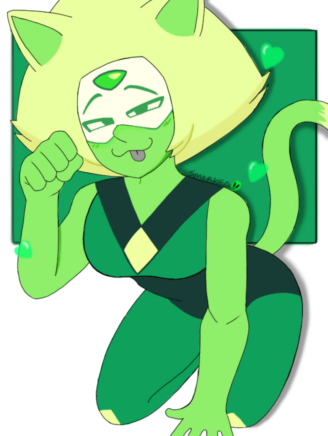 :3, 1girls, adorable, bare shoulders, bent over, cat ears, cat girl, cat tail, catgirl, clothed, clothing, cute, female, female focus, female only, fully clothed, hand up, kneeling, leaning, leaning forward, male, on knees, peridot (steven universe), seductive, seductive eyes, seductive look, seductive smile, smile, smiling at viewer, smorked, solo, solo female, steven universe, tongue, tongue out