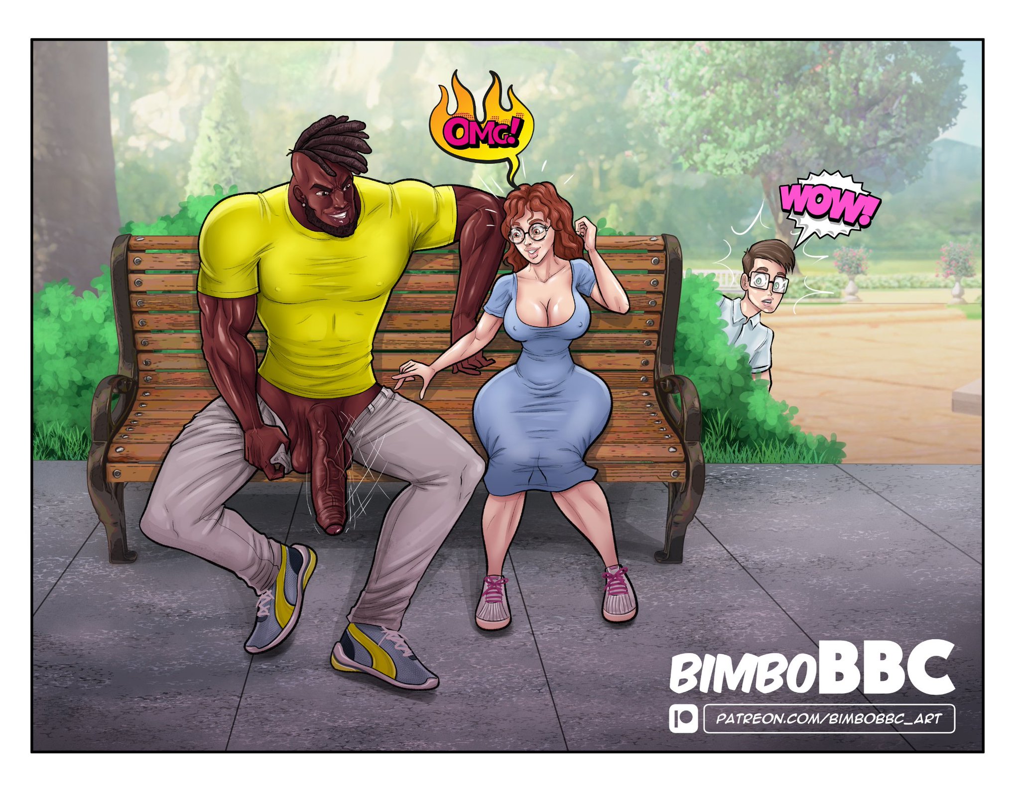 1girls, 2boys, big penis, bimbobbc, breasts, dark skin, dark-skinned male, female, glasses, hiding, interracial, large breasts, light skin, light-skinned female, light-skinned male, male, penis, voyeur