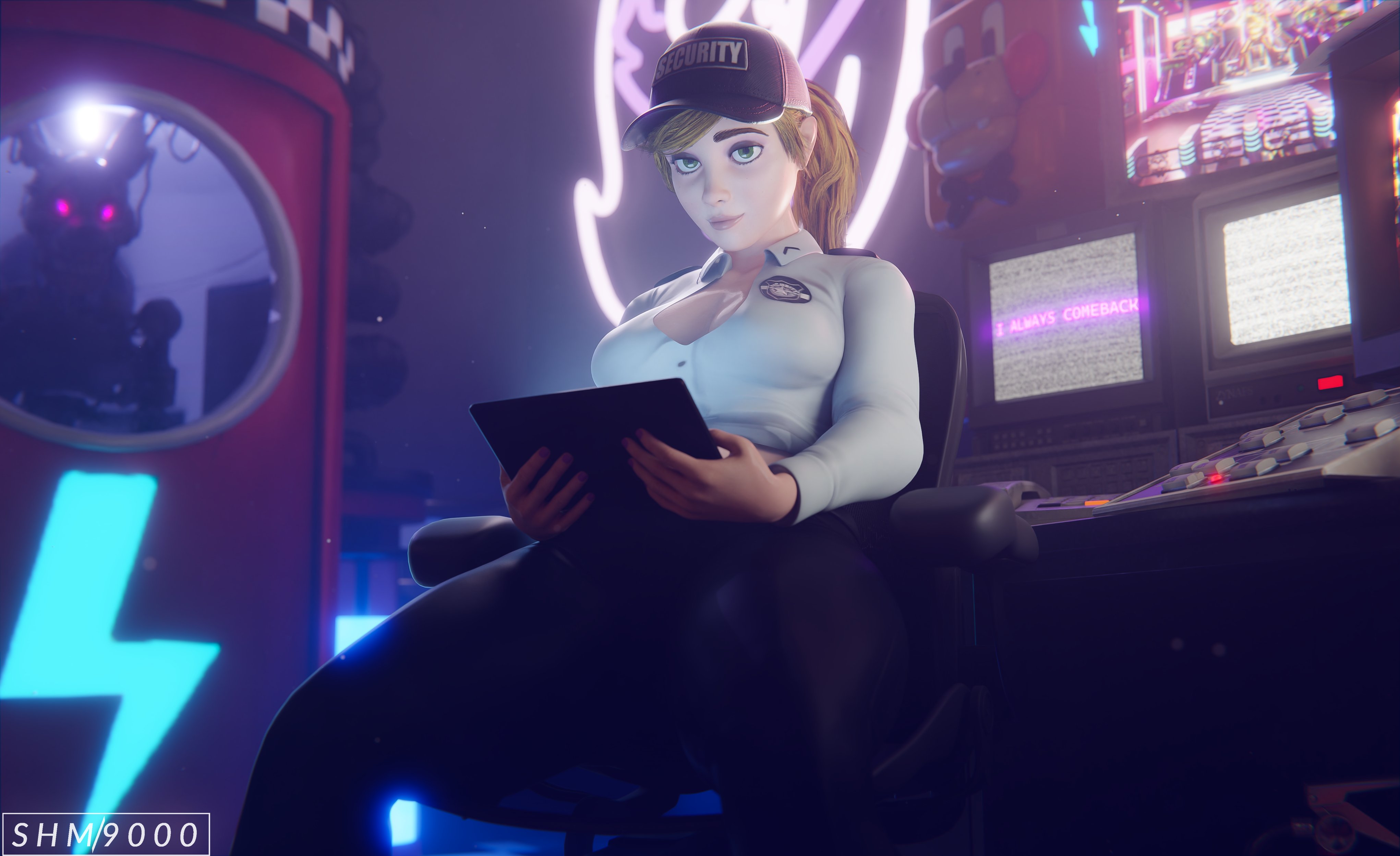 1girls, 3d, accurate art style, blender, blonde hair, breasts, burntrap, female, five nights at freddy's, five nights at freddy's: security breach, fully clothed, green eyes, human, looking at viewer, medium breasts, security, security guard, superhentaimaster9000, vanessa (fnaf)