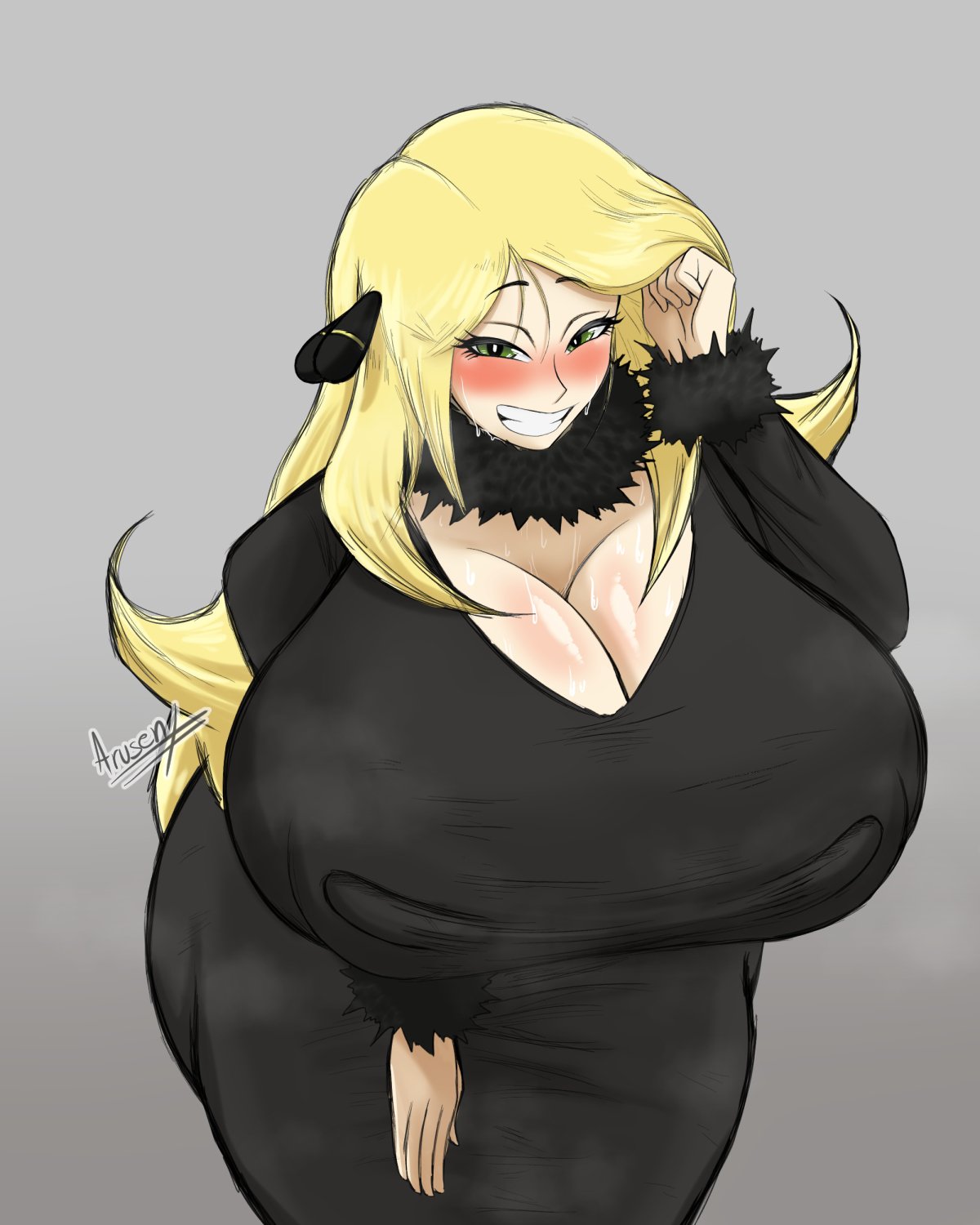 1girls, alternate version available, arusen, big breasts, black dress, blonde hair, blush, breasts, cleavage, cynthia (pokemon), dress, female, female only, game freak, green eyes, hair, huge breasts, large breasts, long hair, mature, mature female, nipple bulge, nipples visible through clothing, pokemon, pokemon dppt, smile, solo, solo female, steam, steamy, sweat, sweatdrop