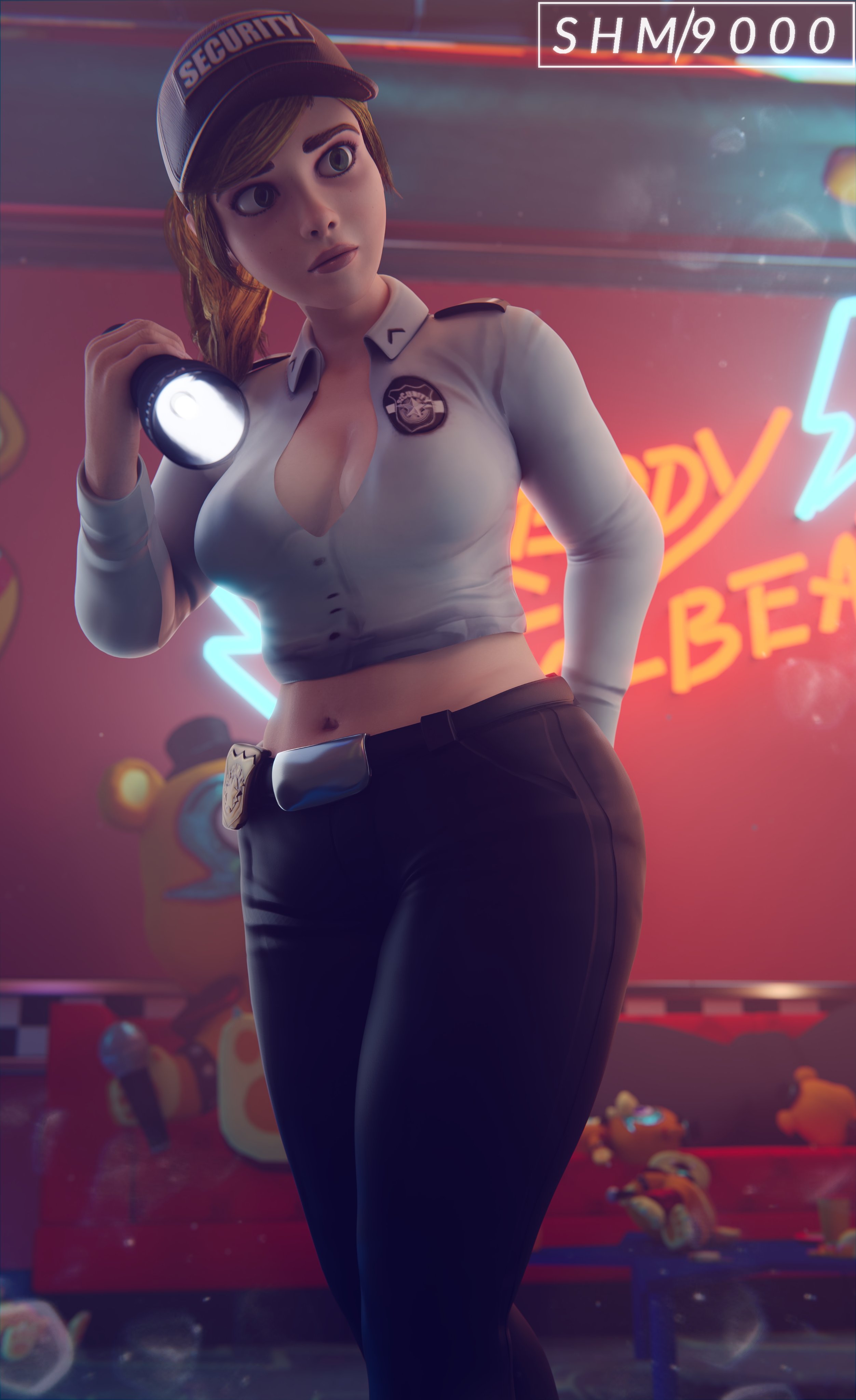 1girls, 3d, accurate art style, blender, blonde hair, breasts, female, five nights at freddy's, five nights at freddy's: security breach, flashlight, fully clothed, green eyes, looking around, medium breasts, security, security guard, solo, superhentaimaster9000, vanessa (fnaf)