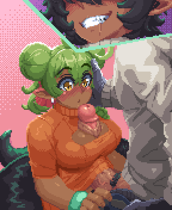 1boy 1girls big_breasts big_penis blush boob_window cute dark-skinned_female double_bun female green_hair hair_bun hdoomguy paizuri pixel_art pointy_ears yellow_eyes