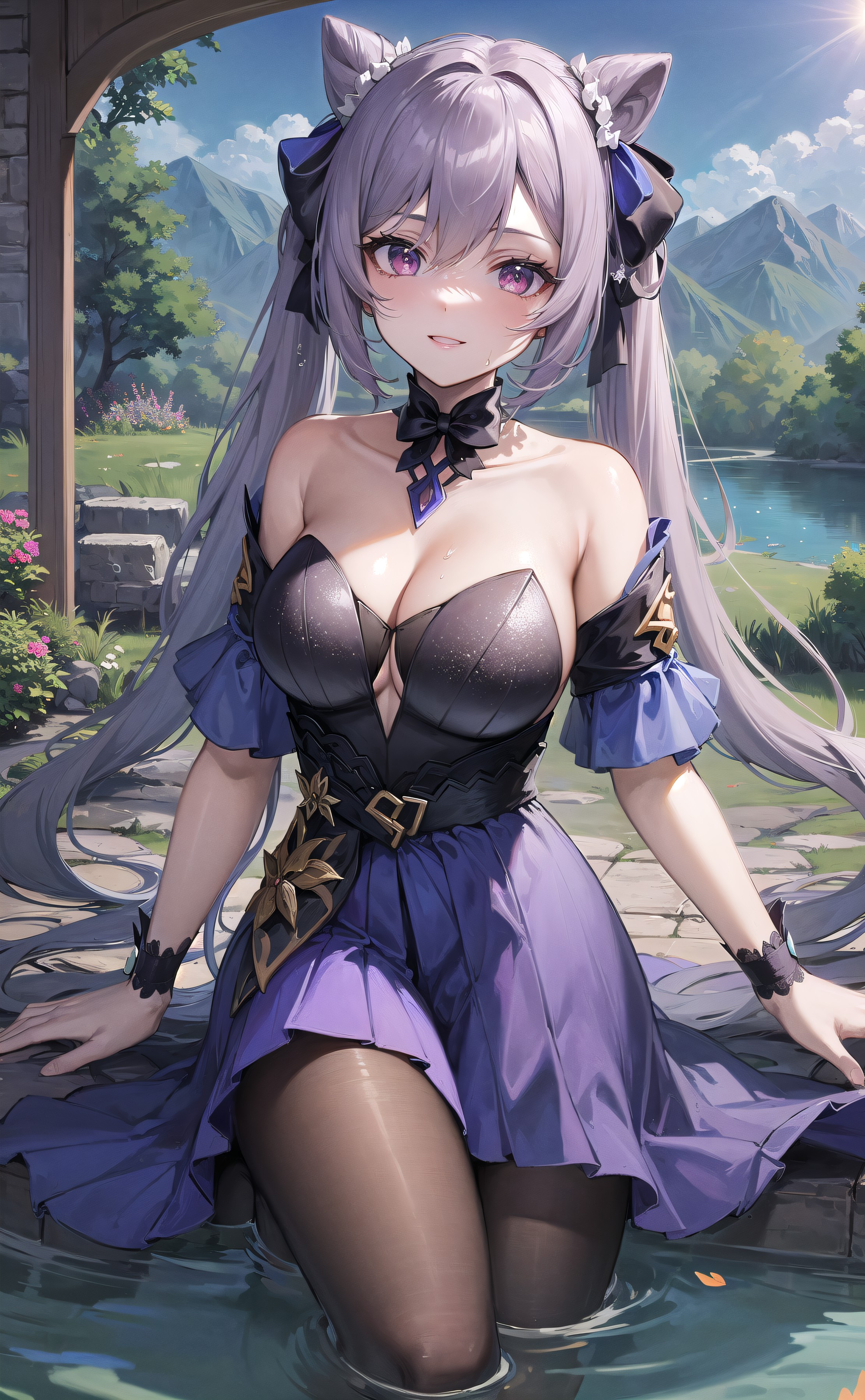 ai generated, cute, embarrassed, female, genshin impact, keqing (genshin impact), nervous, purple eyes, purple hair, shy, stable diffusion