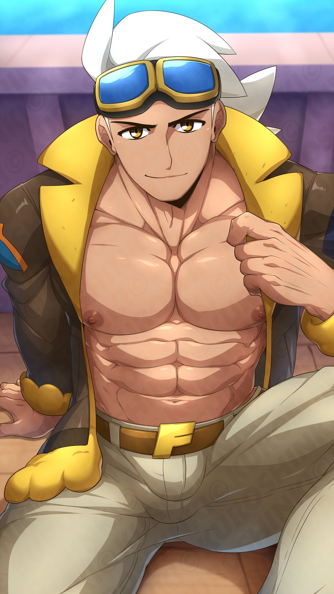 big_pecs bulge bulge_through_clothing grey_hair jacket jacket_open kuroshinki looking_at_viewer male male_only muscular_male pokemon pokemon_horizons professor_friede sitting_on_floor smiling smiling_at_viewer solo yellow_eyes