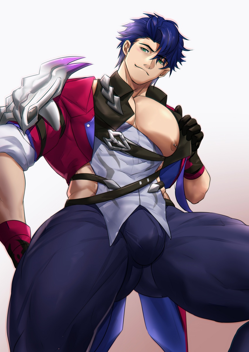 big pecs, blue hair, bulge, bulge through clothing, cachic, clothed, emerald eyes, green eyes, honkai (series), honkai: star rail, male, male only, milkers, sampo (honkai star rail), solo, under view