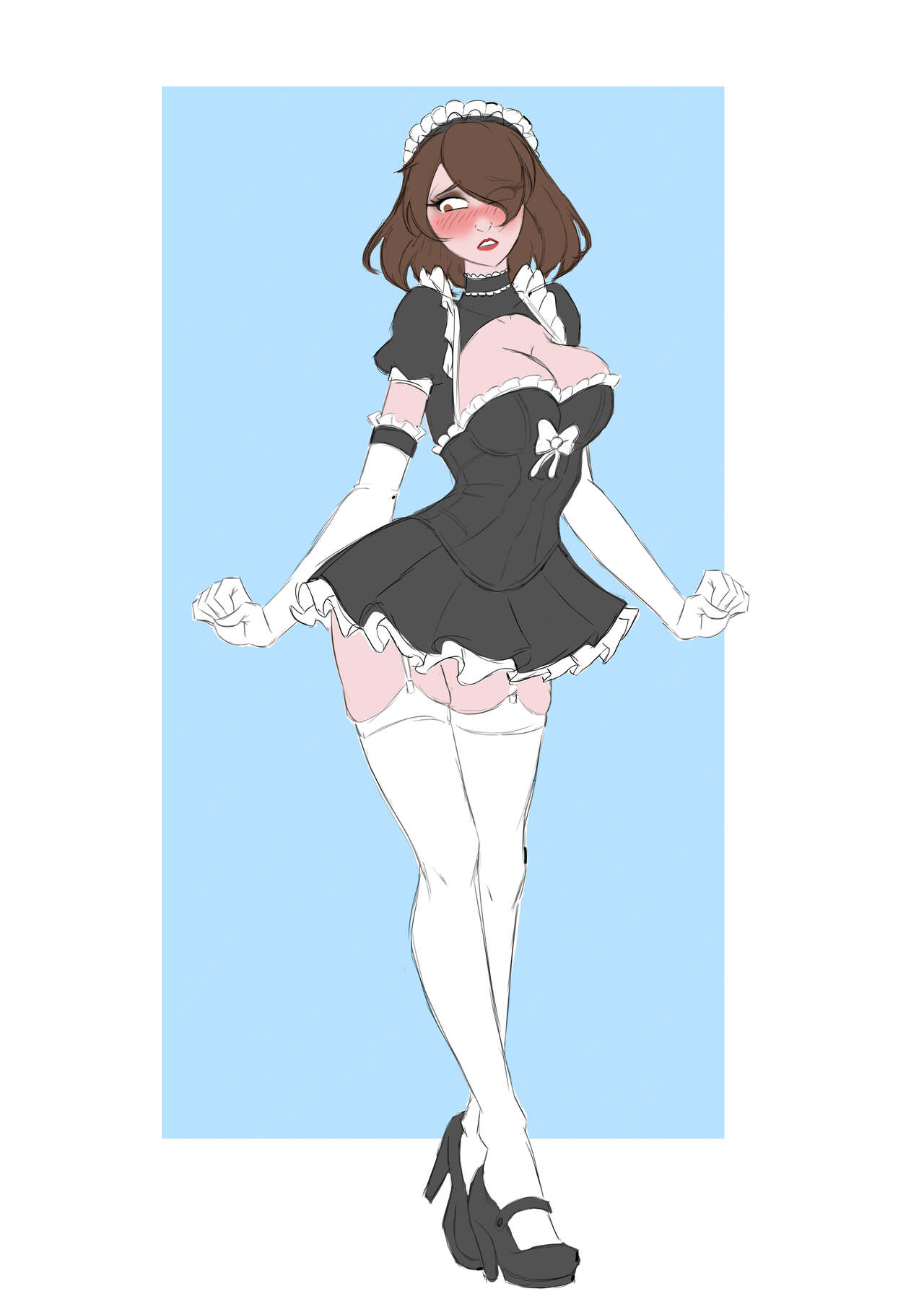 2020 blush female french_maid hair_over_one_eye jesscatg maid maid_outfit maid_uniform patreon_reward skin_tight stockings tagme thighhighs uncensored white_stockings