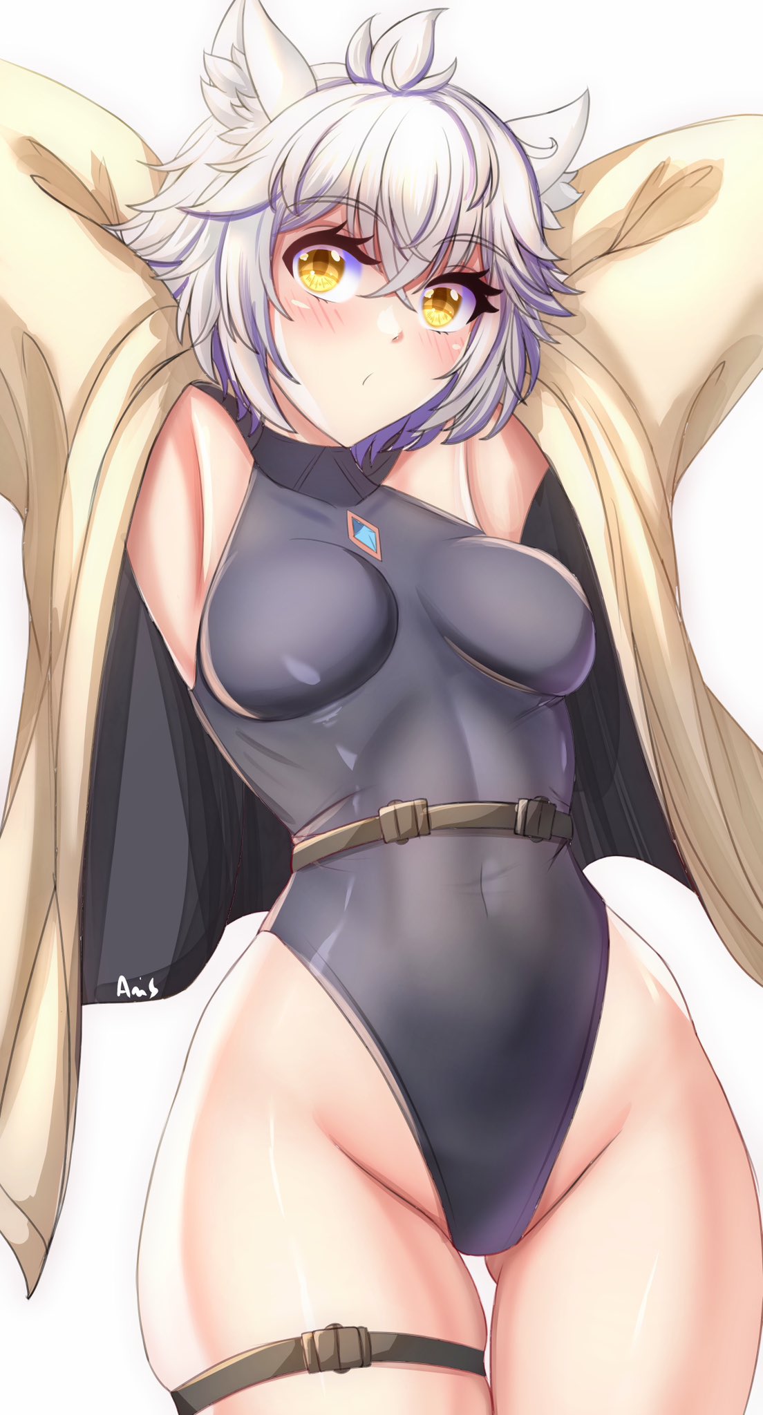 1girls abs absurd_res anisdrawn armpits arms_up beige_jacket black_leotard black_swimsuit blush breasts busty cat_ears catgirl child_bearing_hips core_crystal curvy female female_only highres hourglass_figure jacket leotard light-skinned_female light_skin looking_at_viewer medium_breasts midriff monolith_soft na'el_(xenoblade) navel nintendo one-piece_swimsuit partially_clothed simple_background swimsuit thick_thighs thighs voluptuous wide_hips xenoblade_(series) xenoblade_chronicles_3 xenoblade_chronicles_3:_future_redeemed yellow_eyes