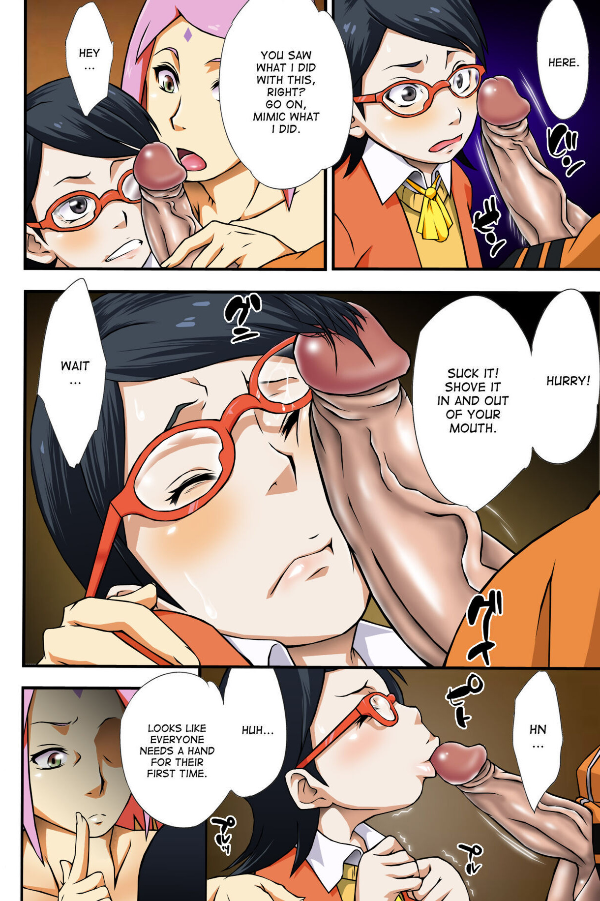 1boy, 2girls, adult and teenager, age difference, bad parenting, black hair, cheating, cheating wife, comic, embarrassed, erect penis, erection, female, glasses, holding penis, kissing, kissing penis, kissing penis tip, large penis, looking at penis, male, mother and daughter, naruto, naruto (series), nervous, netorare, ntr, older male, parental approval, penis, penis against face, penis grab, penis kiss, penis kissing, penis on face, pink hair, sakura haruno, sarada uchiha, short hair, shy, sucking, sunahara wataru, teenage female, teenager, text, unseen male face, uzumaki naruto, veiny penis, young, younger female