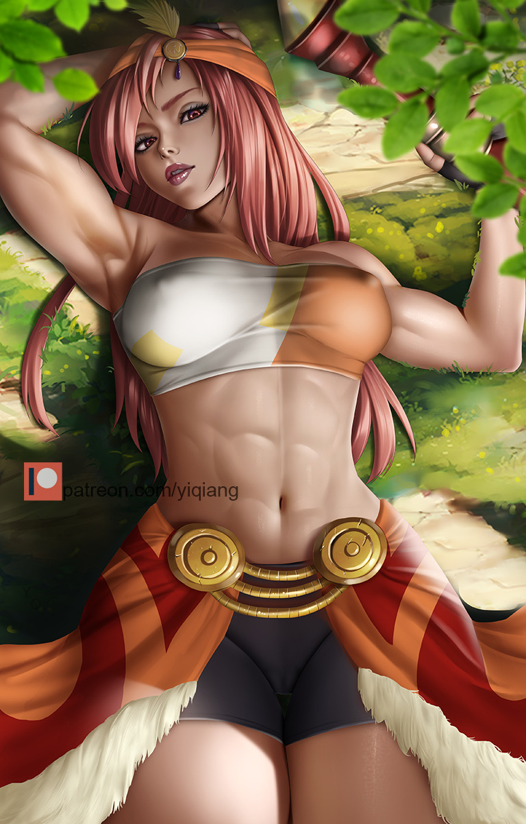 abs crop_top dark-skinned_female erect_nipples_under_clothes final_fantasy final_fantasy_ix headdress lani lying_on_ground muscular_female red_eyes red_hair shorts