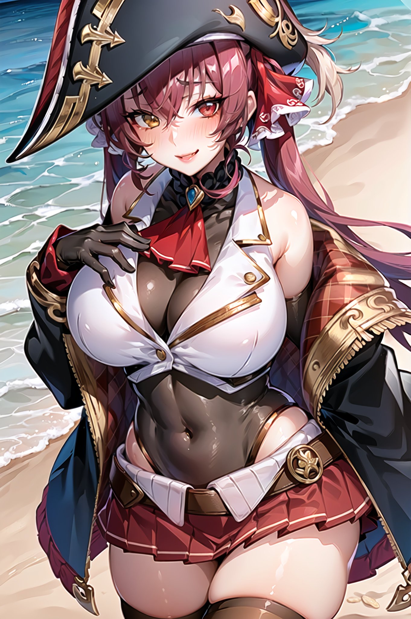 ai generated, breasts, curvaceous, curvy body, curvy figure, female, female focus, female only, hololive, hololive fantasy, hololive japan, houshou marine, huge breasts, looking at viewer, red hair, stable diffusion, virtual youtuber, voluptuous, voluptuous female