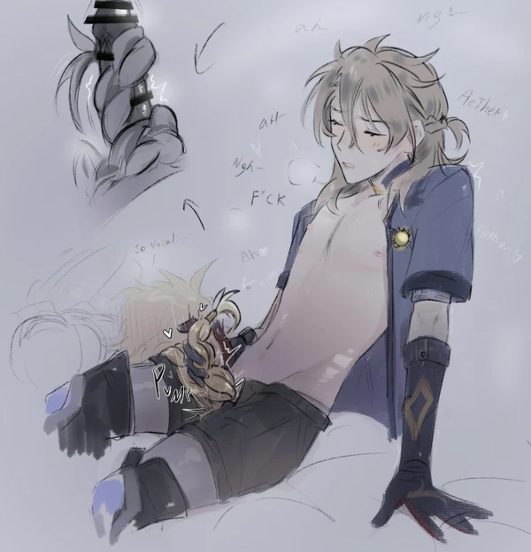2boys, aether (genshin impact), albedo (genshin impact), blonde hair, censor bar, censored, different angle, genshin impact, hairjob, male, male focus, male only, male/male, white background, white hair, yaoi