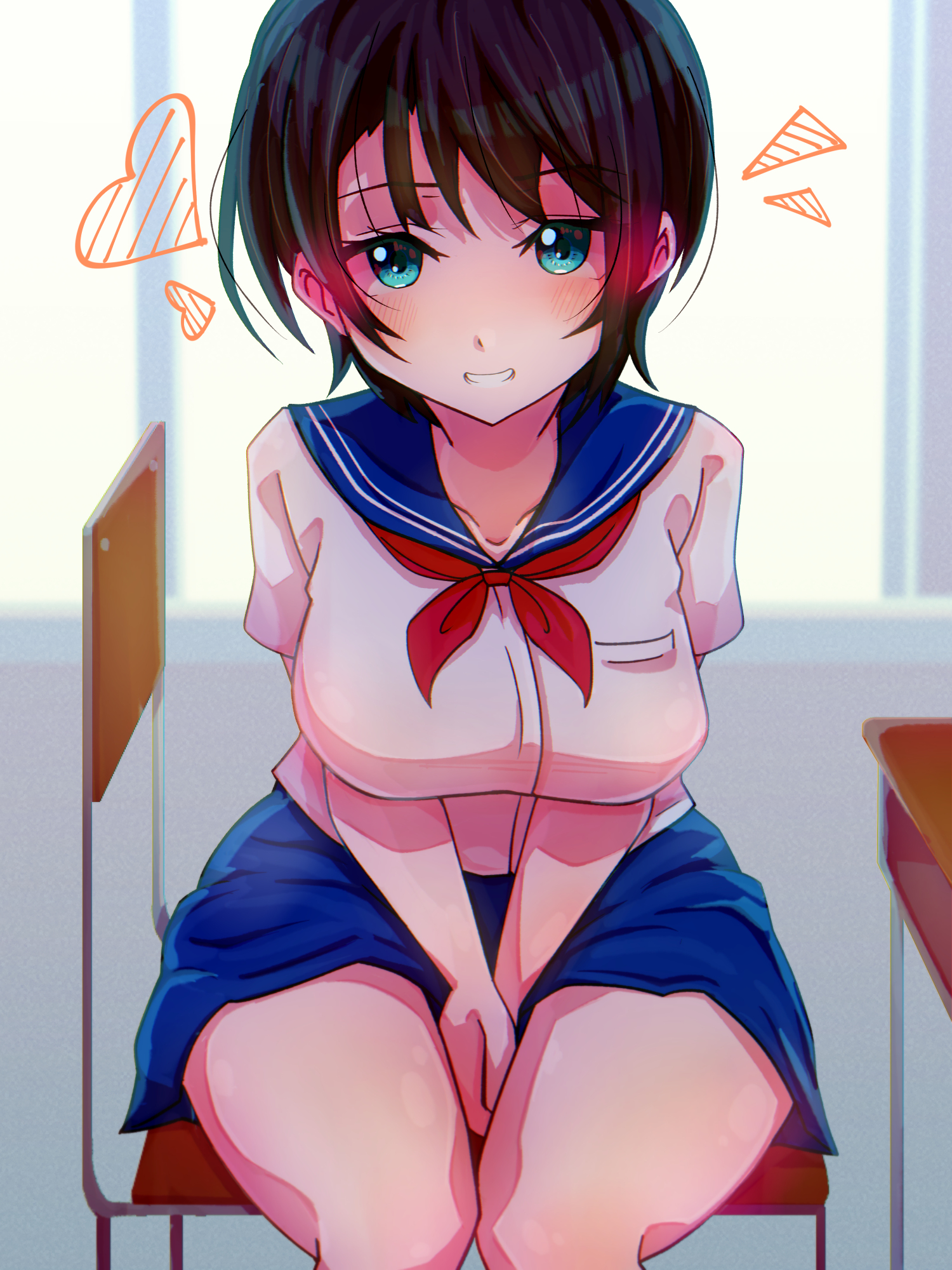 1girls, blue eyes, blushing at viewer, breasts, brown hair, classroom, covering, female, hands together, hololive, hololive gen 2, hololive japan, in love, large breasts, light skin, light-skinned female, oozora subaru, school uniform, schoolgirl, short hair, skirt, smiling at viewer, thighs, tomboy, virtual youtuber, wholesome