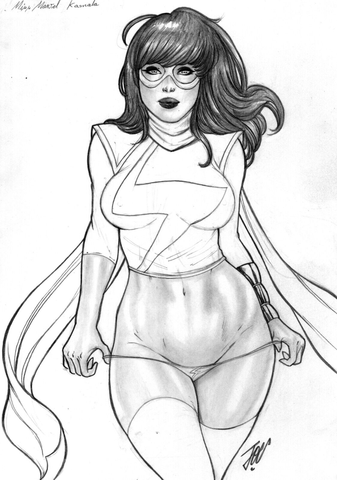 2d ashmount bikini bracelet joe_lima kamala_khan leggings legs long_socks looking_at_viewer marvel marvel_comics mask ms._marvel ms._marvel_(kamala_khan) muslim muslim_female pakistani pakistani_female panties panties_around_legs partially_clothed pencil_(artwork) pinup scarf signature title_page top_lifted