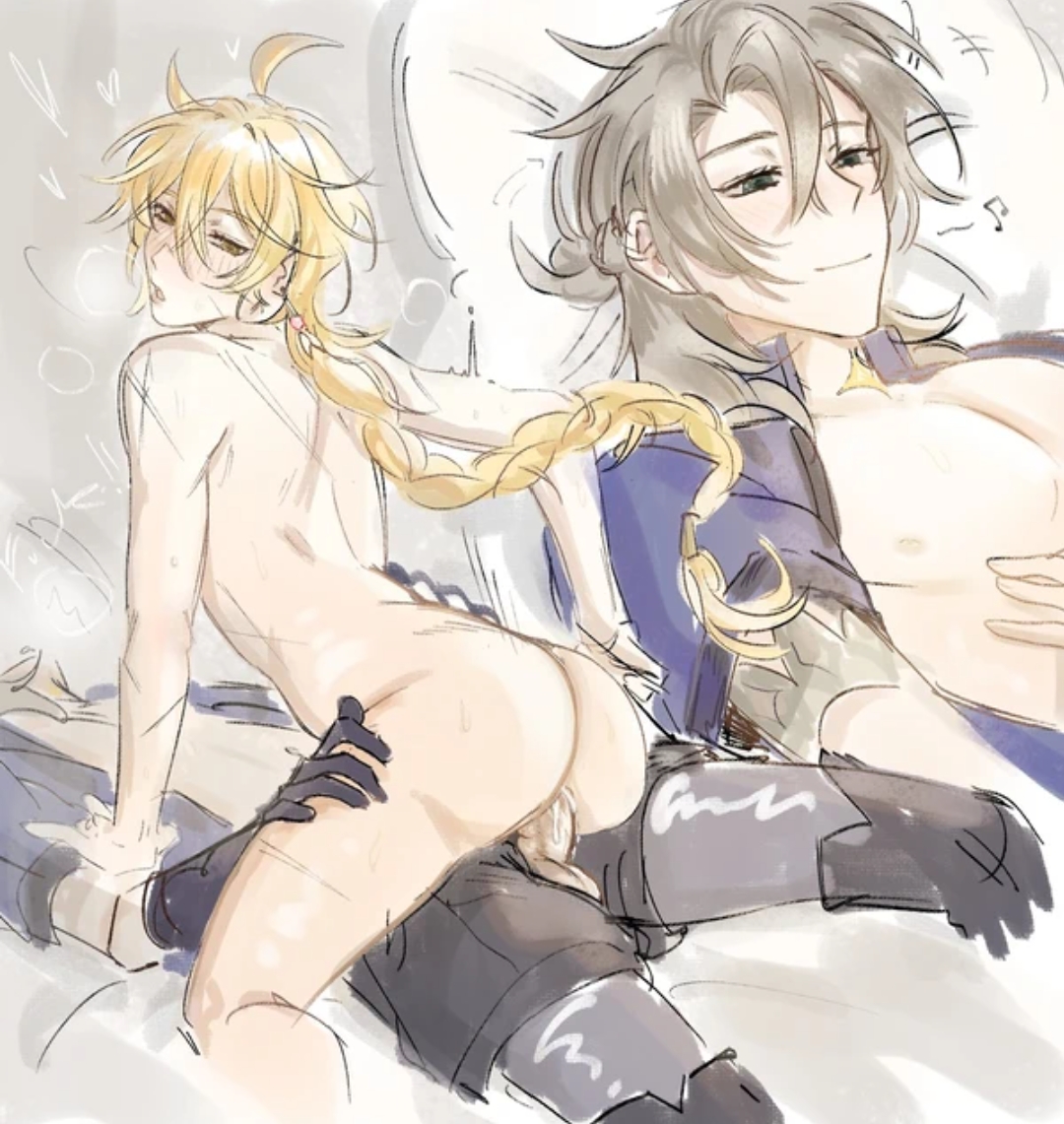 2boys, aether (genshin impact), albedo (genshin impact), anal sex, blonde hair, different angle, femboy, gay sex, genshin impact, male, male focus, male only, male penetrating male, male/male, white background, white hair, yaoi