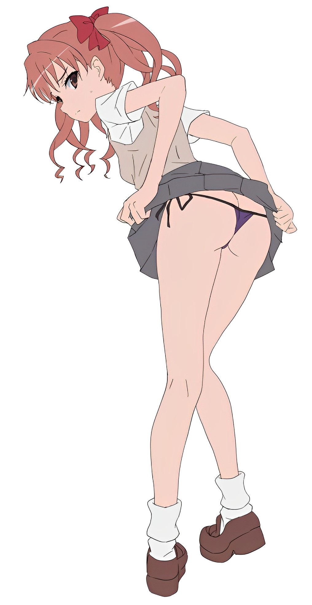 1girls anklehighs ass ass_cleavage bare_legs bikini blush brown_eyes brown_hair brown_loafers butt_crack closed_mouth female from_behind fujikawa_daichi full_body grey_skirt hair_ribbon kneepits leaning_forward light-skinned_female light_skin loafers looking_at_viewer looking_back matching_hair/eyes miniskirt panties pleated_skirt purple_bikini purple_panties ribbon school_uniform schoolgirl shirai_kuroko side-tie_panties skirt socks solo standing sweatdrop swimsuit teenage_girl teenager thighs thong to_aru_kagaku_no_railgun to_aru_majutsu_no_index tokiwadai_school_uniform turn_cuff_socks twintails underwear white_background white_socks young