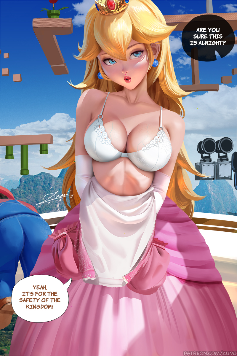 1boy, 1girls, big breasts, bra, breasts, dialogue, dialogue bubble, exhibitionism, female, female focus, male, mario, mario (series), nintendo, princess peach, super mario bros., super mario bros. (2023 film), tagme, text, underwear, undressing, zumi