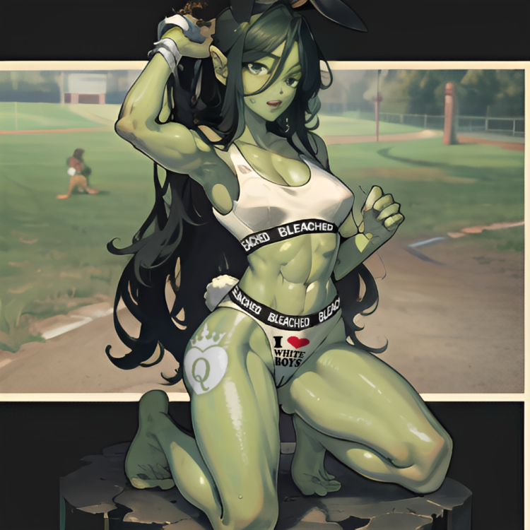 abs abstract_background ai_generated bleached bleached_clothing bunny_ears bunny_tail clothed_female female green_skin muscular muscular_female orc orc_female pixai queen_of_hearts raceplay