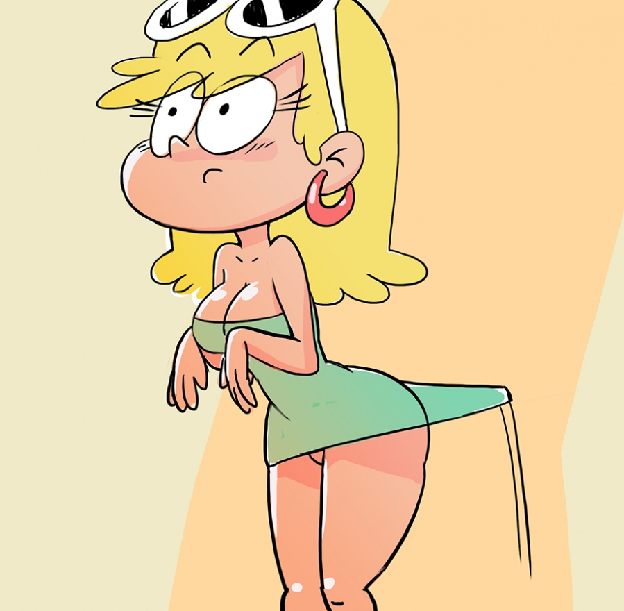 1girls, 2016, ass, big ass, big butt, blonde, blonde female, blonde hair, blonde-haired female, blush, blushing, breasts, cleavage, cute, dress, earrings, embarrassed, female, female only, frown, hoop earrings, leni loud, nickelodeon, no panties, pussy, solo, solo female, the loud house, thighs, 블루디알지