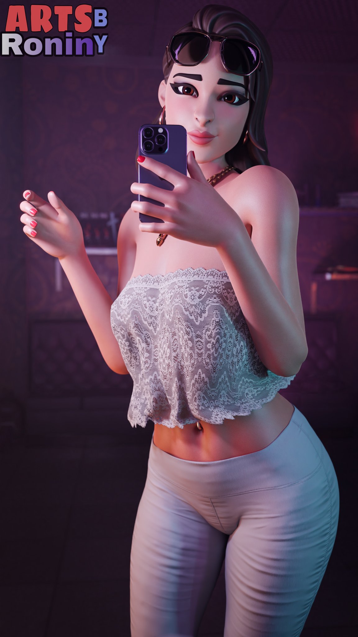 1girls, 3d, artsbyronin, blender, boardwalk ruby (fortnite), bottomwear, brown hair, clothed, clothing, curvy, curvy body, curvy female, curvy figure, ear piercing, earrings, epic games, female, female focus, female only, fortnite, front view, jeans, light skin, light-skinned female, long hair, looking at viewer, mirror, mirror reflection, necklace, pants, phone, piercing, piercings, pose, posing, ruby (fortnite), selfie, smile, smiling, solo, solo focus, standing, thick thighs, topwear, watermark