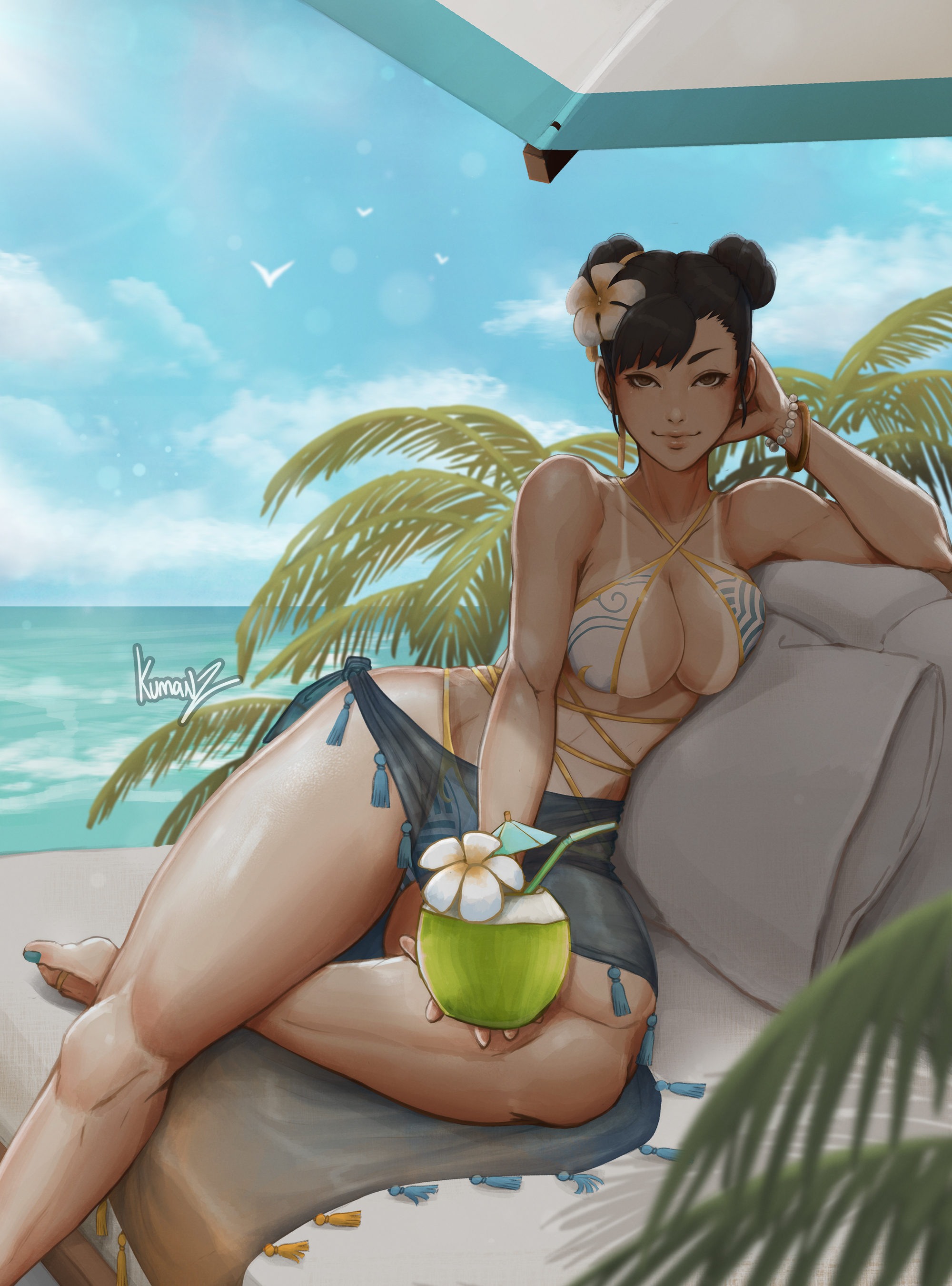 1girls, absurdres, beach, beach umbrella, bikini, blue nails, breasts, capcom, chun-li, cleavage, closed mouth, day, drink, feet out of frame, female, halterneck, highres, jewelry, kumanzart, large breasts, lying, nail polish, on side, one-piece tan, outdoors, pina colada, print bikini, sarong, signature, sitting, sky, smile, solo, street fighter, swimsuit, tan, tanline, thighs, toe ring, toenail polish, toenails, umbrella, voluptuous, water, wide hips