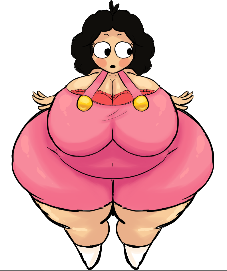 1girls banillansfw black_hair curly_hair earthbound_zero fat fat_woman female female_only flustered maggie_(owosault) maggie_millie_strider mother_(series) original_character owo_sault_(artist) pink_outfit red_bra solo white_background white_socks