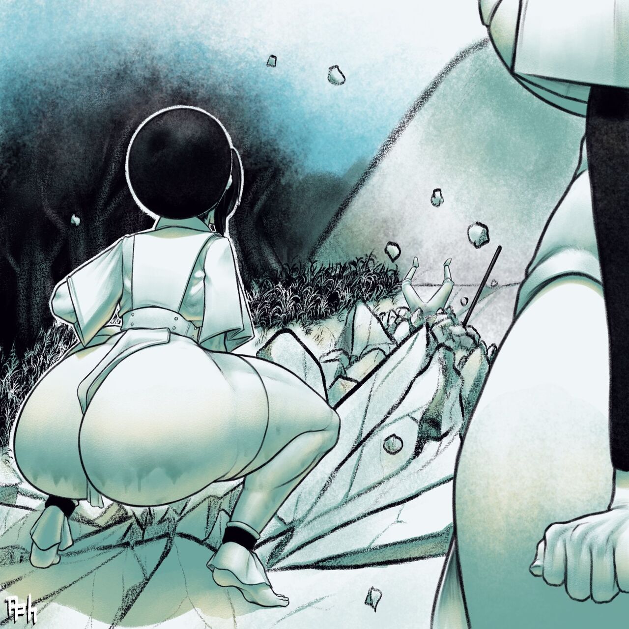 1boy, 2girls, aang, air nomad, aphrodos, ass, avatar legends, avatar the last airbender, bottomless, earth kingdom, female, huge ass, katara, male, monochrome, the avatar, toph bei fong, water tribe