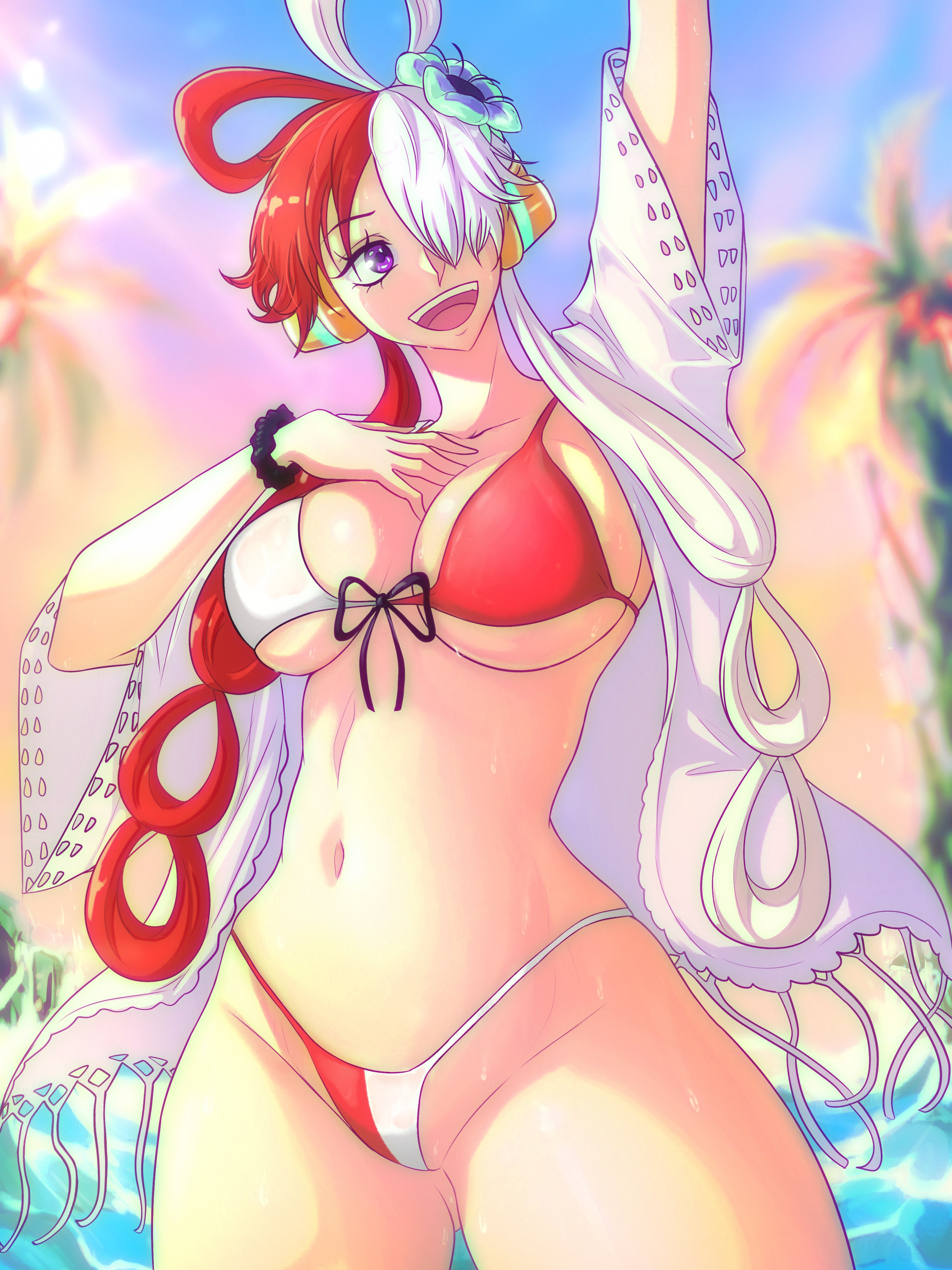 1girls, alternate version available, bikini, female, female only, one piece, one piece film red, opalisart, red hair, red-haired female, two-tone hair, uta (one piece), white hair, white-haired female