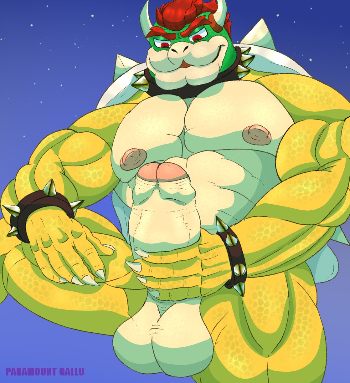 1boy bara big_balls big_penis bowser erection foreskin hair horns koopa male male_only mario_(series) night nipples outdoors paramountgallu penis red_hair simple_background sky solo spiked_bracelet spiked_collar spiked_shell testicles