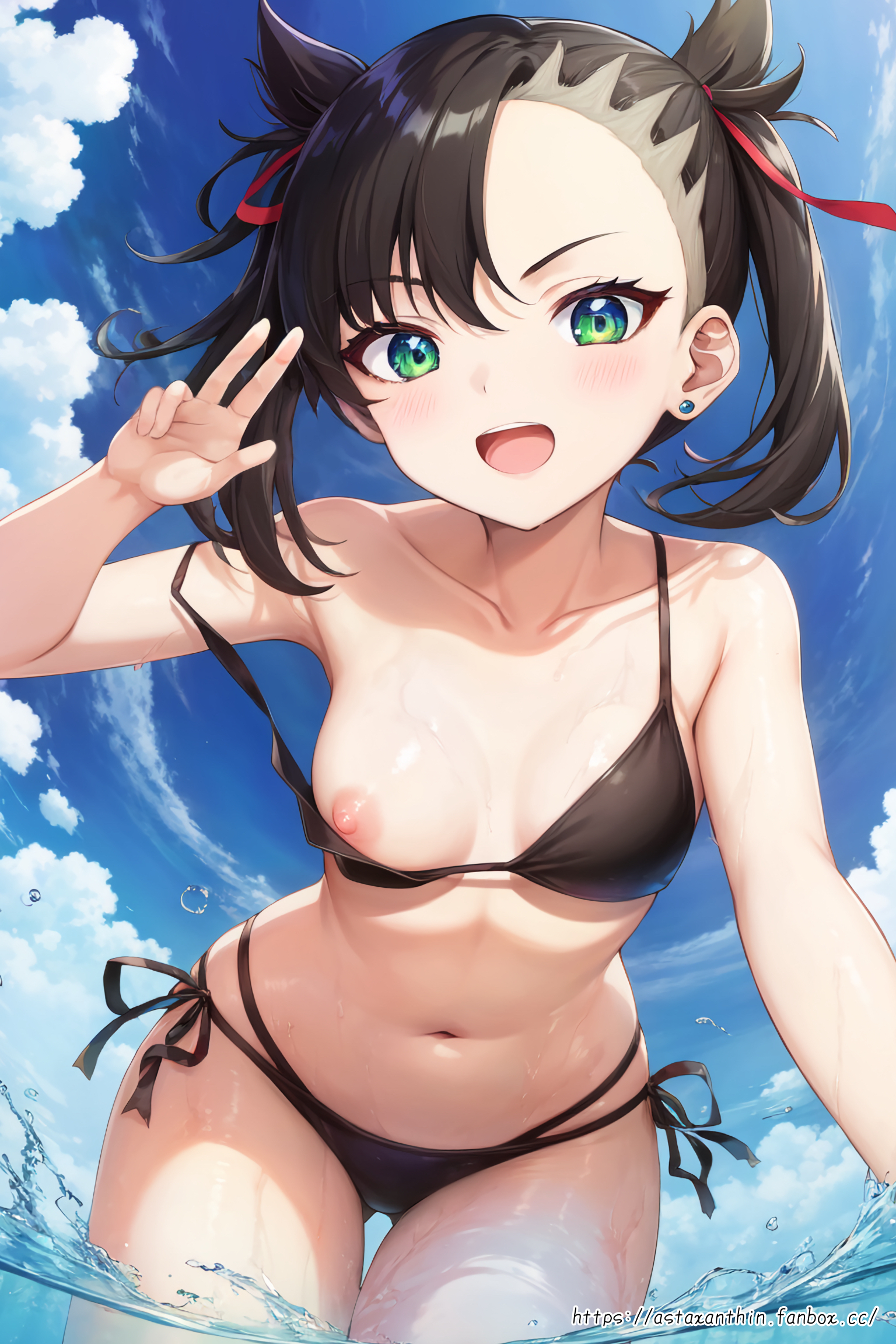 1girls, ai generated, beach, black bikini top, black hair, breasts, female, hips, looking at viewer, marnie (pokemon), nipple slip, nipples, one breast out, open mouth, pokemon, pokemon ss, selfie, sky, small breasts, smiling at viewer, twintails, v, wardrobe malfunction