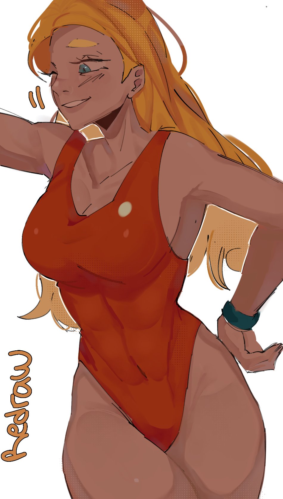 1girls, big breasts, blonde female, blonde hair, breasts, clothing, curvy, curvy body, curvy female, curvy figure, curvy hips, dark skin, dark-skinned female, disney, female, female focus, female only, hand on hip, hips, human, lifeguard (lilo and stitch), lilo and stitch, mitzuu, one-piece swimsuit, red swimsuit, redraw, smile, smiling, solo, solo female, swimsuit, swimwear, thick hips, thick thighs, thighs, wide hips, wide thighs, wristwear