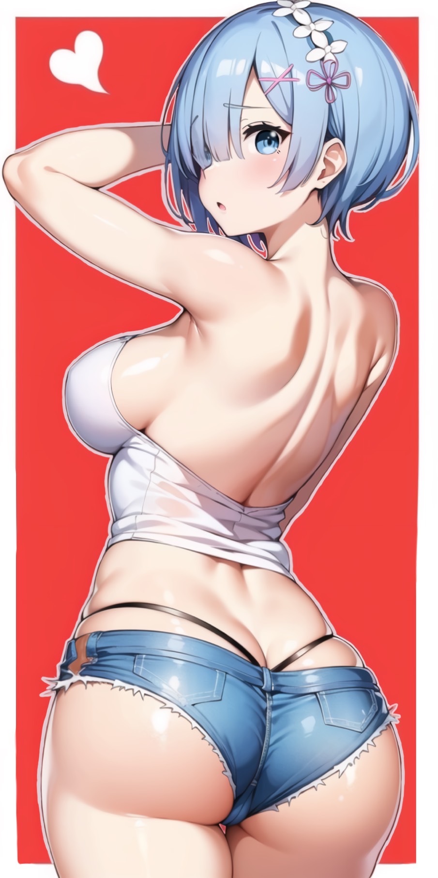 1girls, ai generated, arm up, ass, ass cleavage, ass crack, ass focus, back, big ass, big breasts, blue eyes, blue hair, blush, booty shorts, breasts, bubble ass, bubble butt, busty, butt crack, denim shorts, female, female only, from behind, hi res, large breasts, re:zero kara hajimeru isekai seikatsu, rem (re:zero), sensual, short hair, sideboob, solo, thong, view from behind
