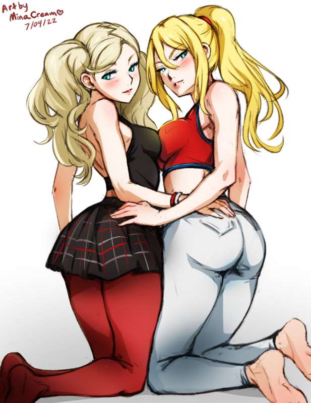 2girls, ann takamaki, atlus, female, female only, metroid, minacream, persona, persona 5, red legwear, samus aran, tagme, yuri