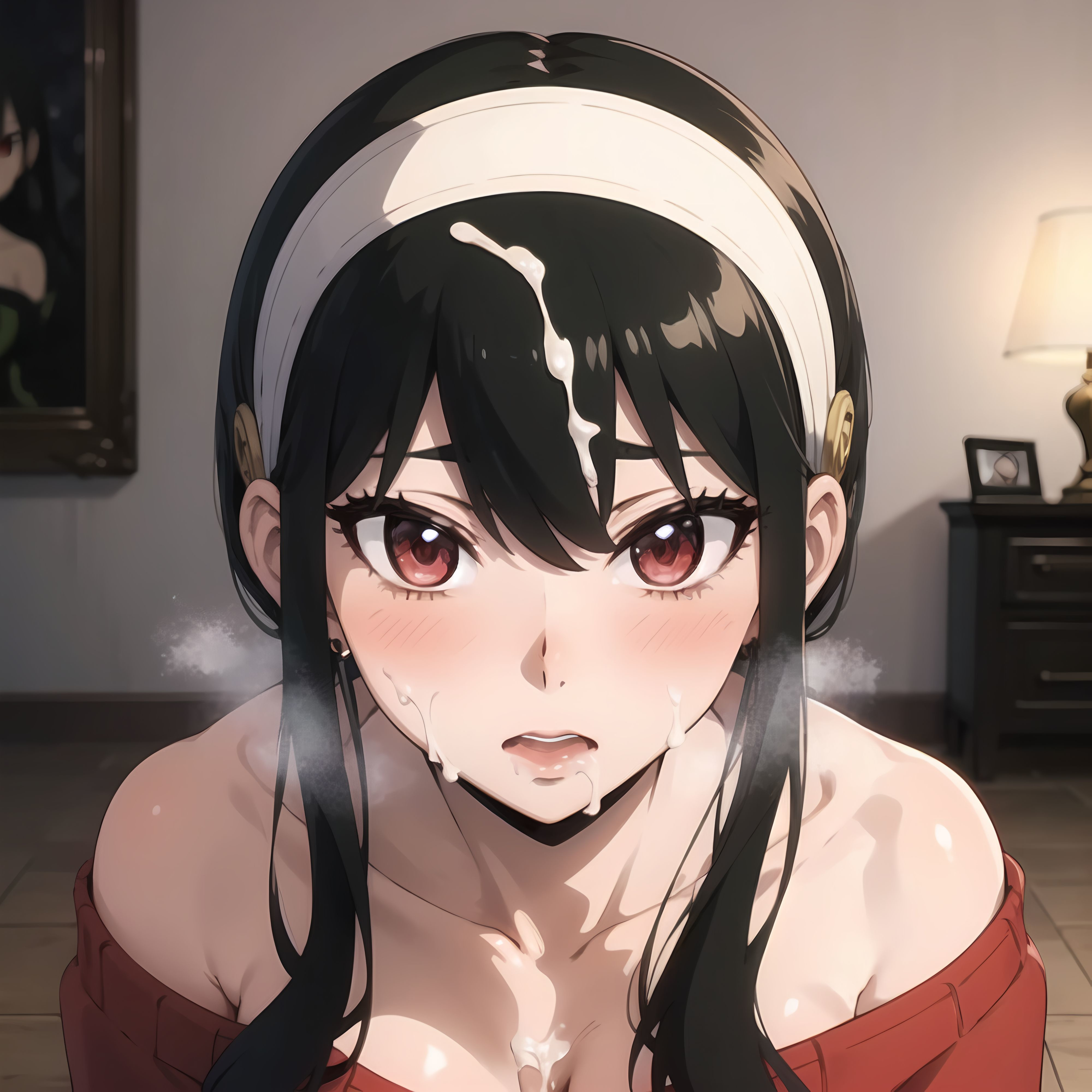 1girls, after fellatio, ai generated, black hair, blush, cum, cum on face, facial, female, looking at viewer, nai diffusion, open mouth, pov, red eyes, spy x family, stable diffusion, yor briar, yor forger