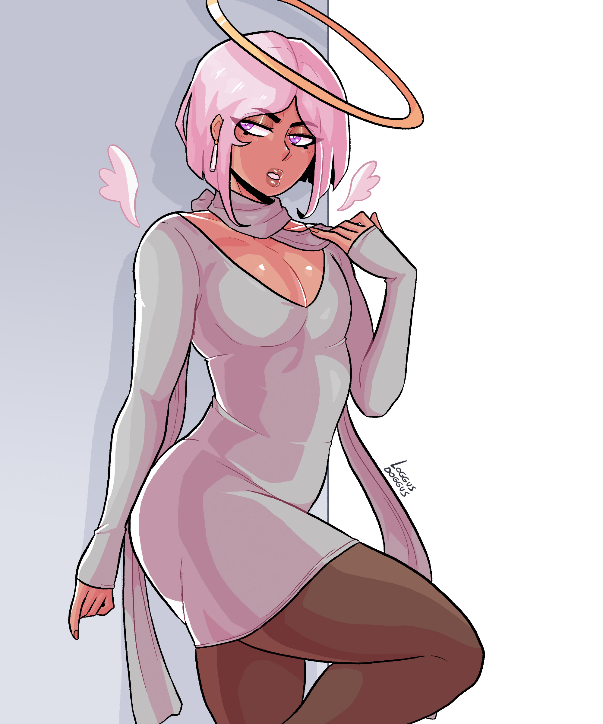 1boy, 1femboy, 2023, angel, angel wings, anhel (loggus doggus), bob cut, crossdressing, dark skin, dark-skinned femboy, dress, femboy, femboy only, feminine male, halo, loggus doggus, male, male only, pantyhose, pink hair, posing, scarf, short hair, simple background, solo, tanned, tanned skin, tattoo, tattoos, tight clothing, tight dress, white background
