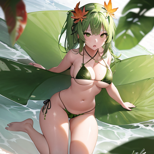 green_eyes green_hair lake leaf leaf_bikini leaf_clothing leaf_on_head medium_breasts sea sitting water